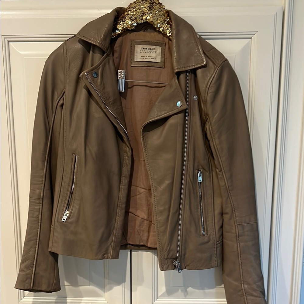 Zara Beige Leather Jacket size Small